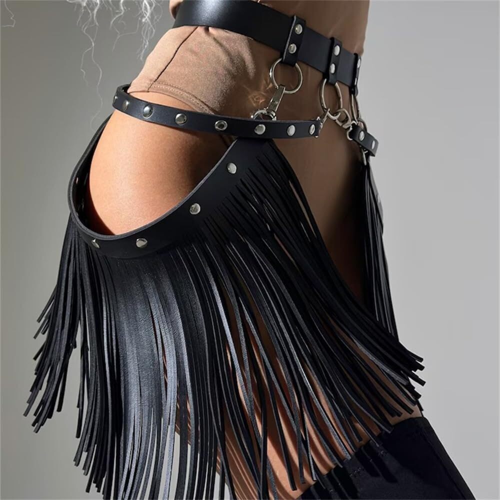 2298 Women Leather Tassel Waist Belt Gothic Fringe Long Punk - Picture 5 of 8
